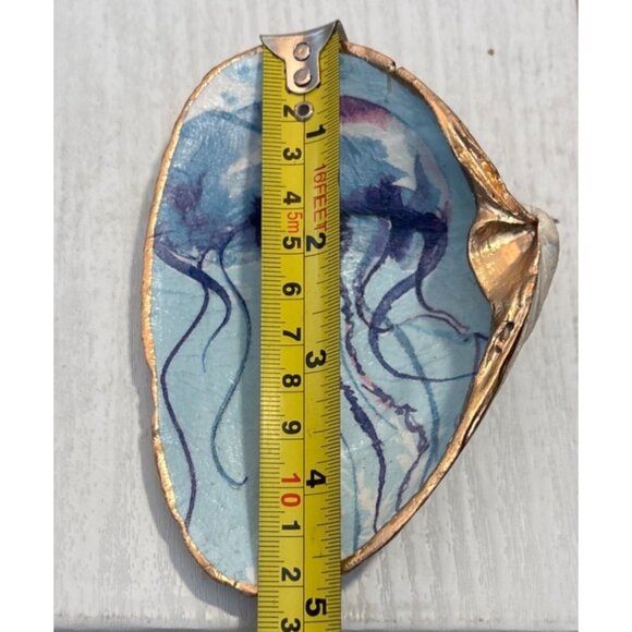 Hand Painted Oyster Shell Jellyfish Design Trinket Ring Soap Dish 5 x 3" Gold Ed - Picture 3 of 7
